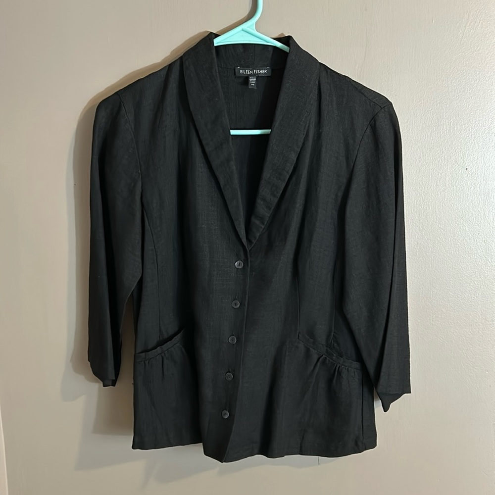 Eileen Fisher Dark Grey Linen Fitted Button Up Shirt Short Sleeve Top